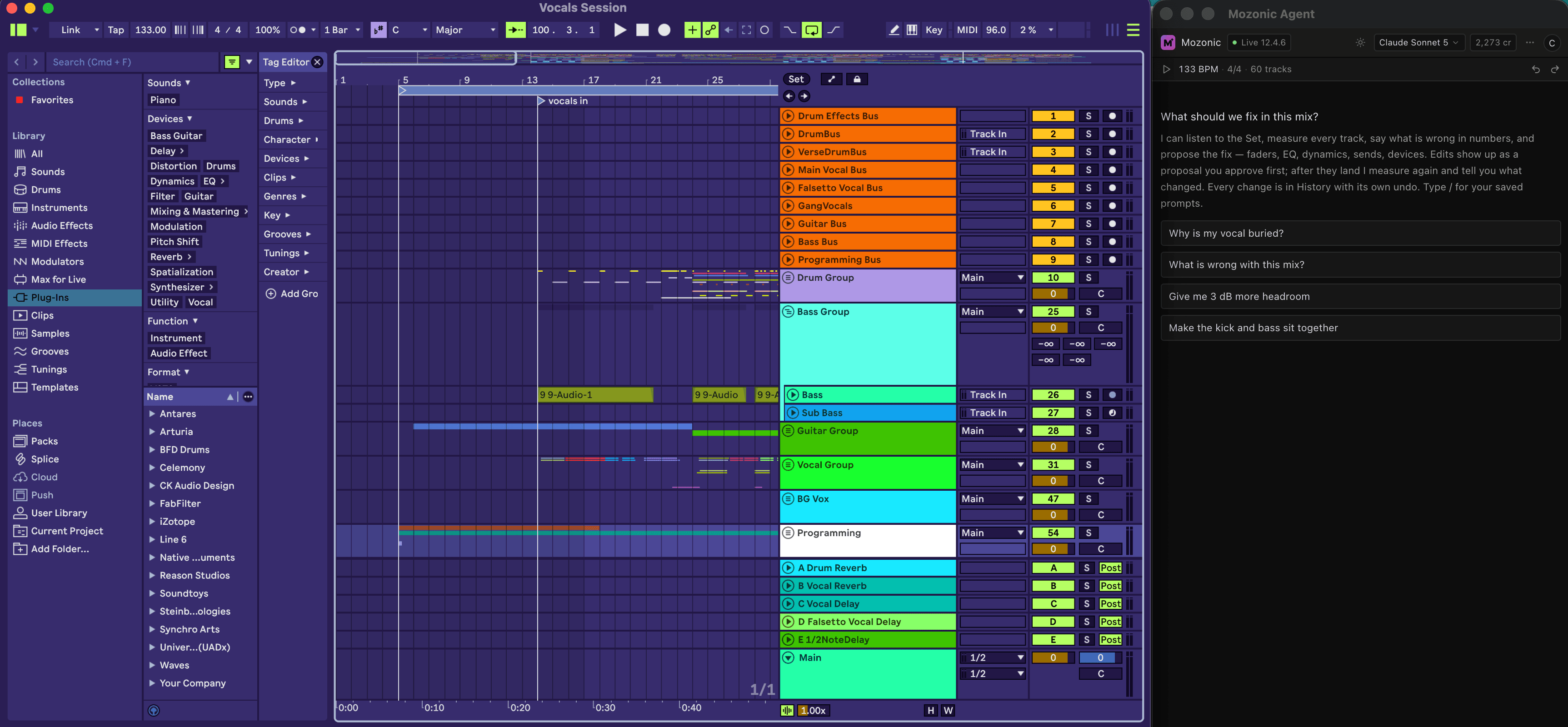 An Ableton Live Set with the Mozonic Agent window beside it, offering prompts such as "Why is my vocal buried?"