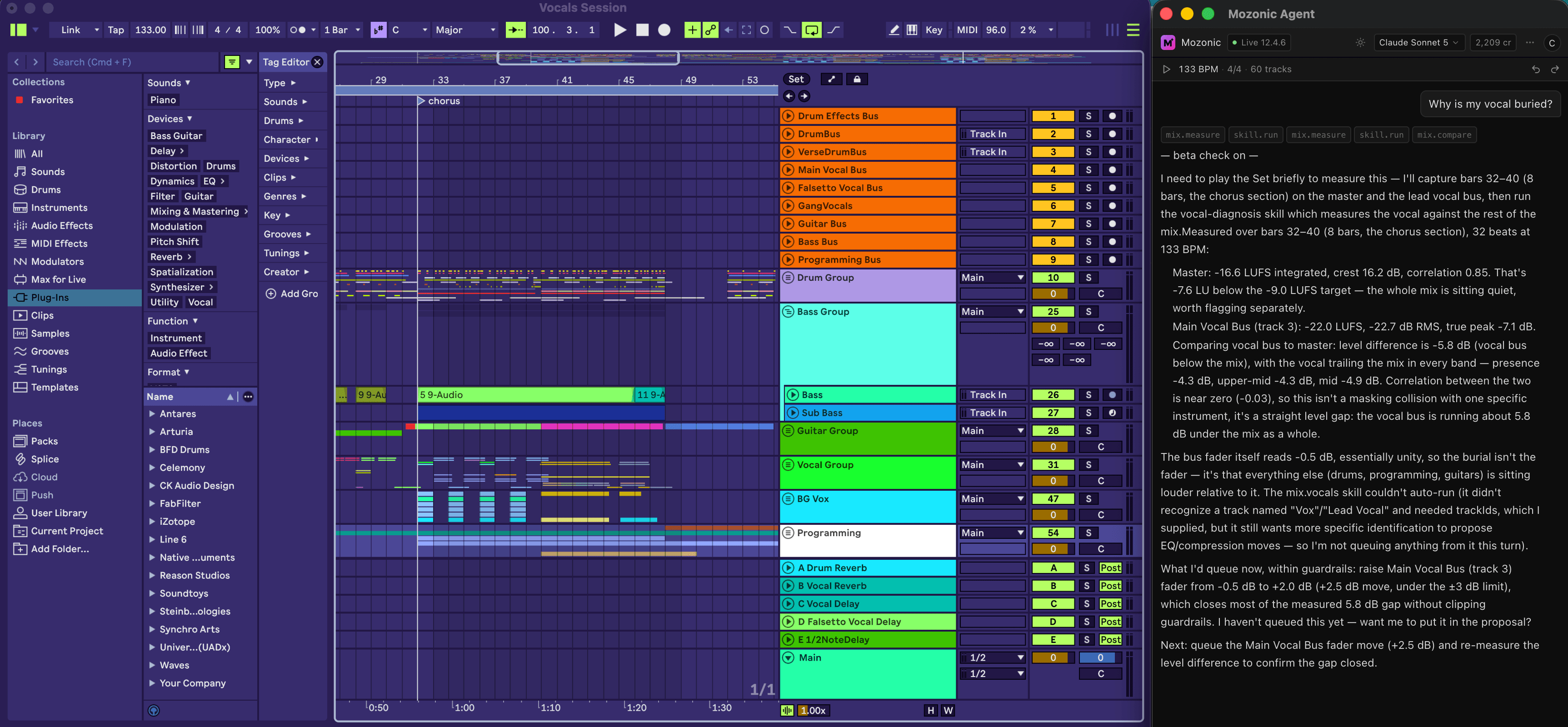 The Mozonic Agent answering "Why is my vocal buried?" with measurements of the master and the lead vocal bus