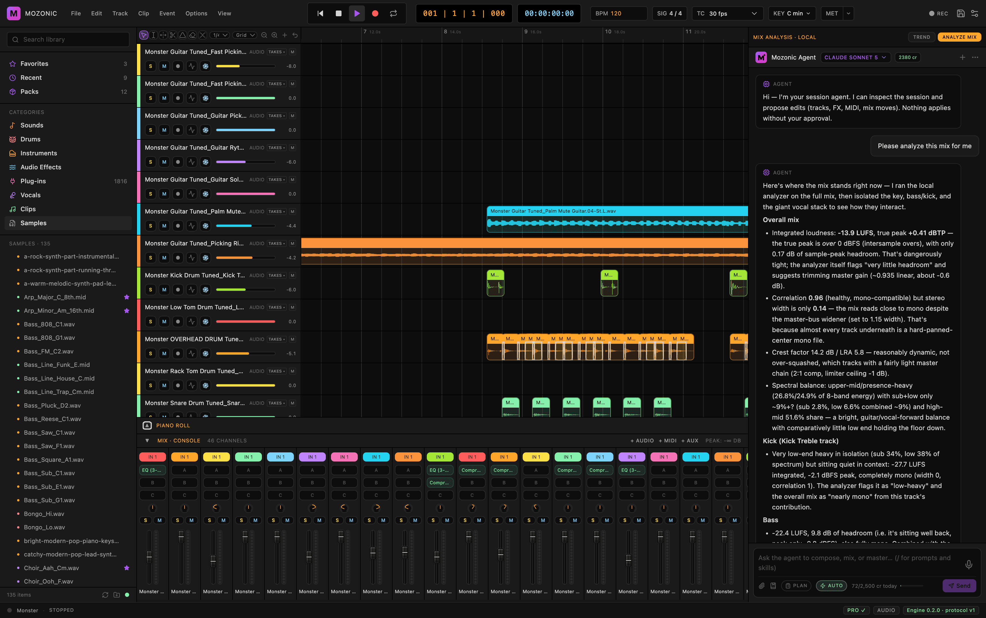 Mozonic Studio with a multitrack session, the mixer, and the assistant explaining its analysis of the mix