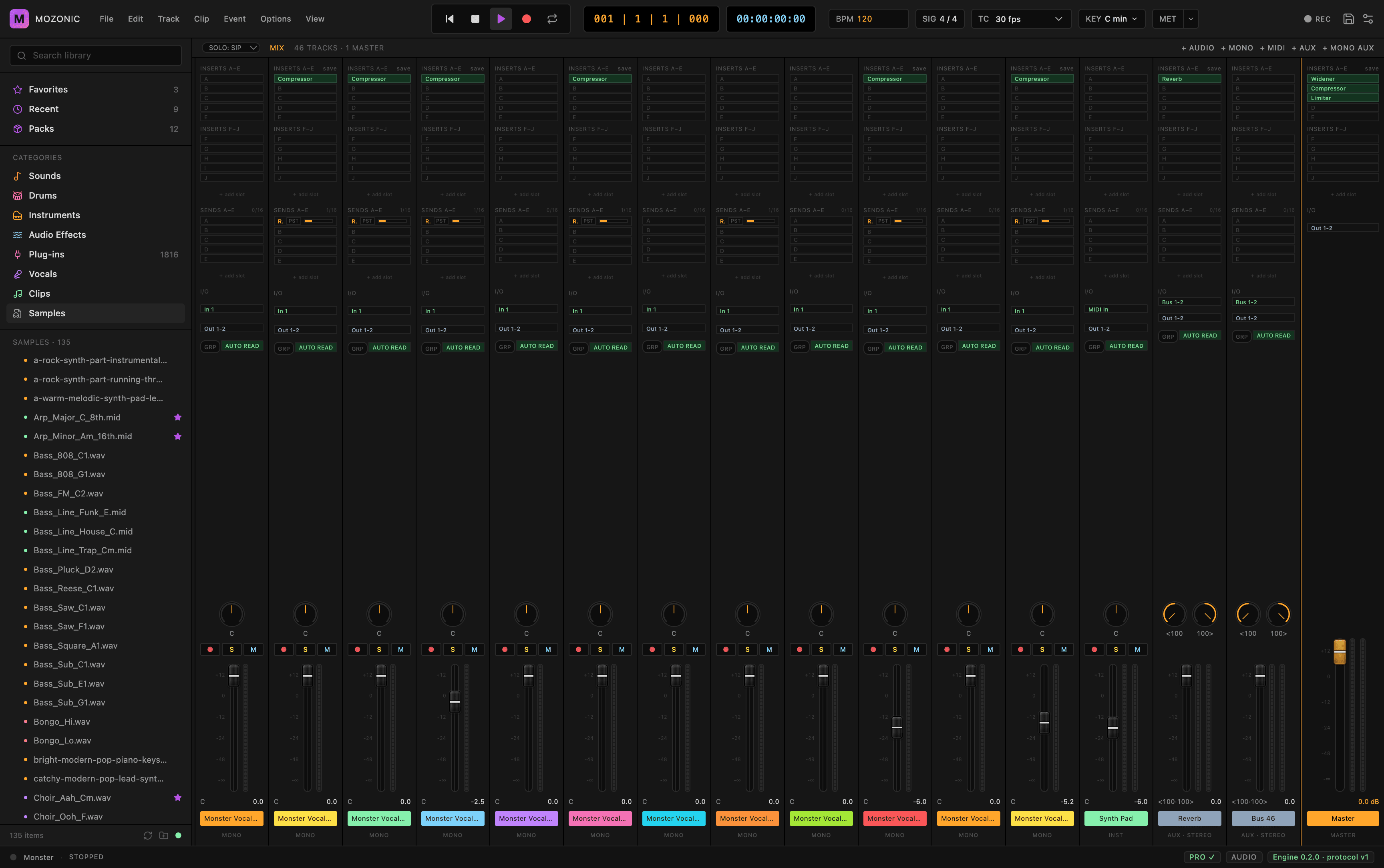 The full mixer with insert slots, sends, aux returns and the master channel