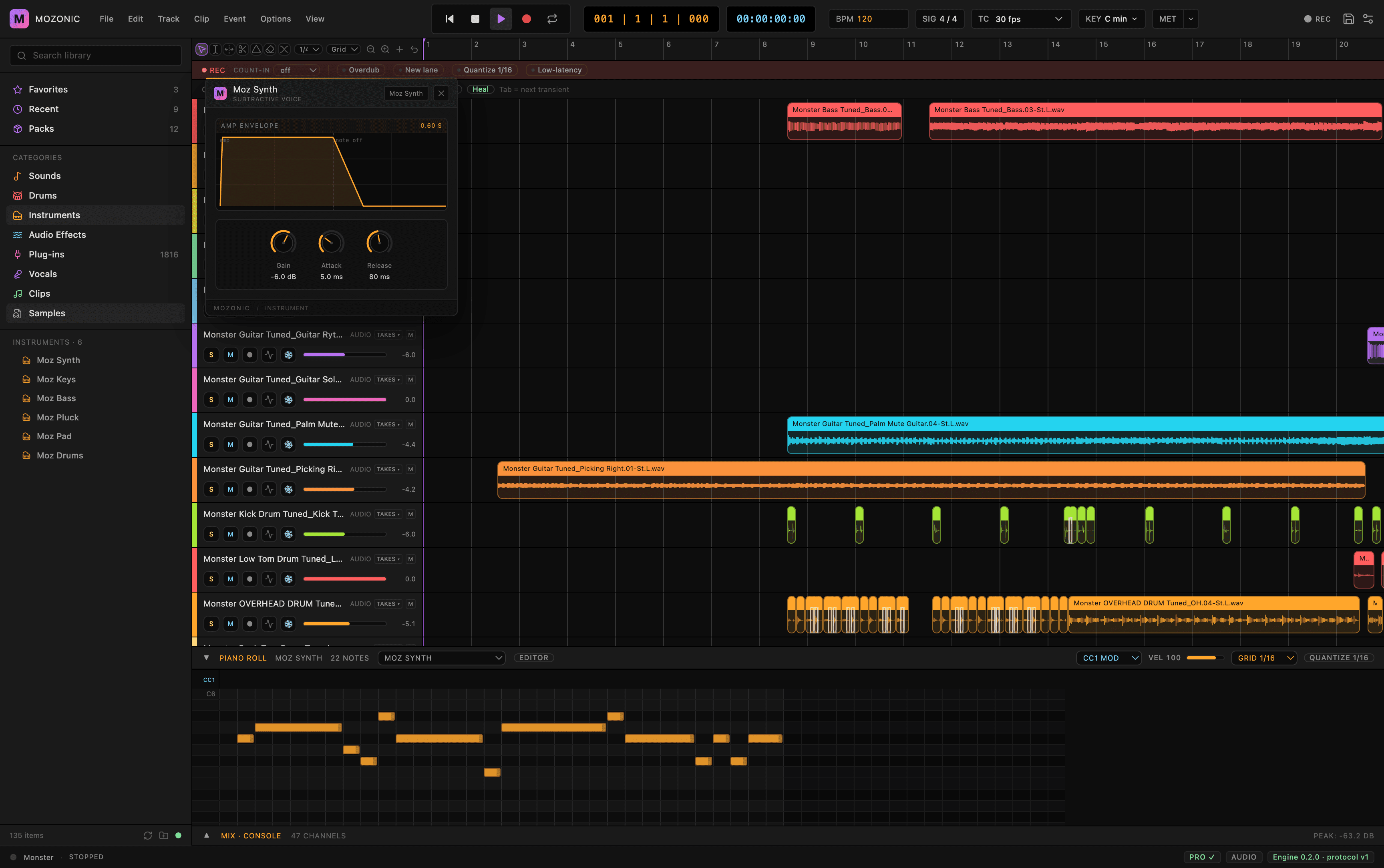The piano roll editing a Moz Synth part, with the synth's amp envelope open